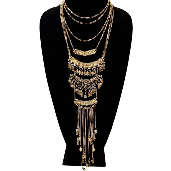 FREE PEOPLE | Multi-Layer Boho ‘Rapture’ Gold-Tone Bib Statement Necklace | NWT - Picture 5 of 9